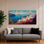 Panoramic impressionist painting of Santorini showing whitewashed cliffside buildings and blue domed churches overlooking the deep blue Aegean Sea. The scene includes sailboats on the water, rugged coastal cliffs in the distance, and vibrant bougainvillea flowers in the foreground painted with textured brushstrokes.