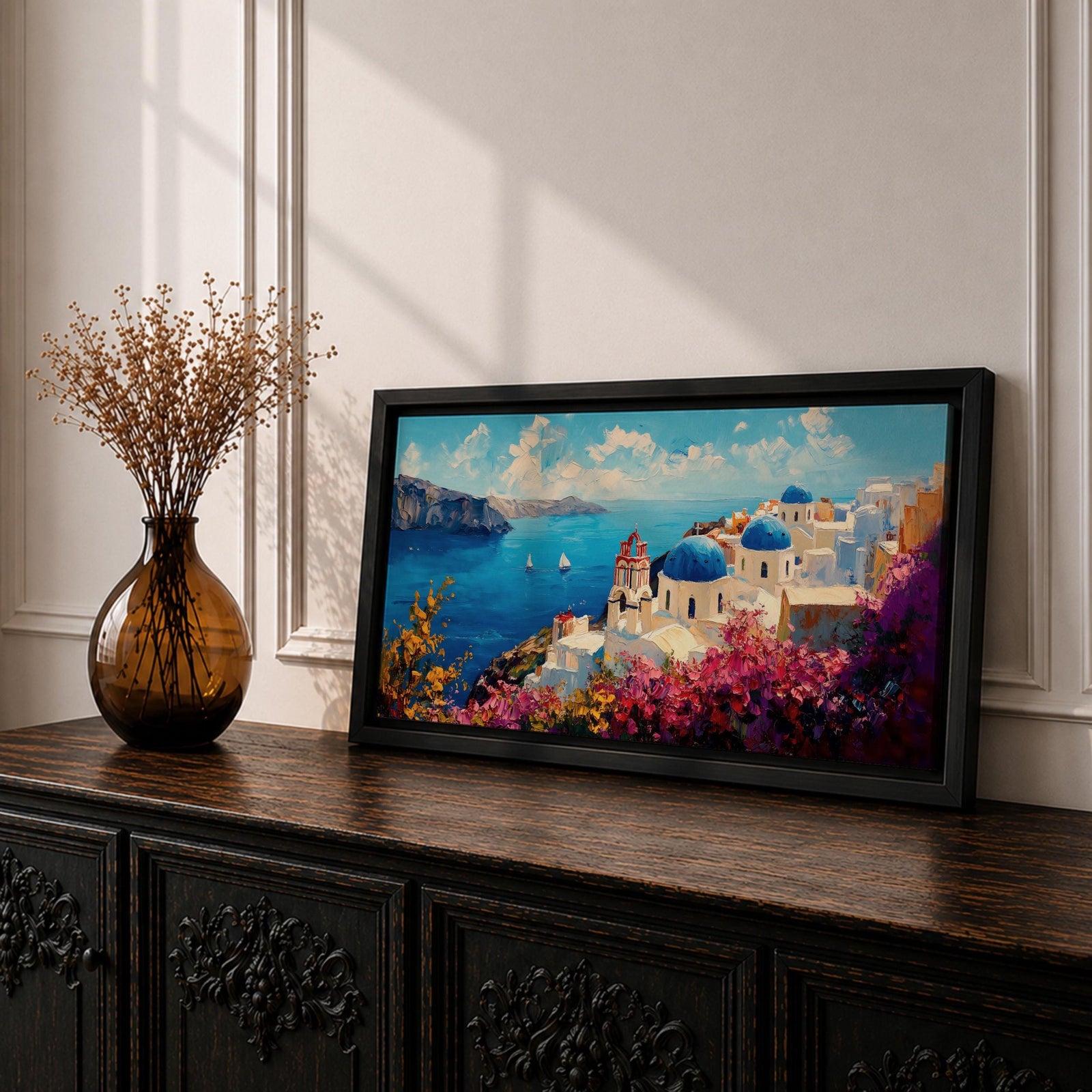 Panoramic impressionist painting of Santorini showing whitewashed cliffside buildings and blue domed churches overlooking the deep blue Aegean Sea. The scene includes sailboats on the water, rugged coastal cliffs in the distance, and vibrant bougainvillea flowers in the foreground painted with textured brushstrokes.
