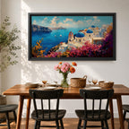 Panoramic impressionist painting of Santorini showing whitewashed cliffside buildings and blue domed churches overlooking the deep blue Aegean Sea. The scene includes sailboats on the water, rugged coastal cliffs in the distance, and vibrant bougainvillea flowers in the foreground painted with textured brushstrokes.