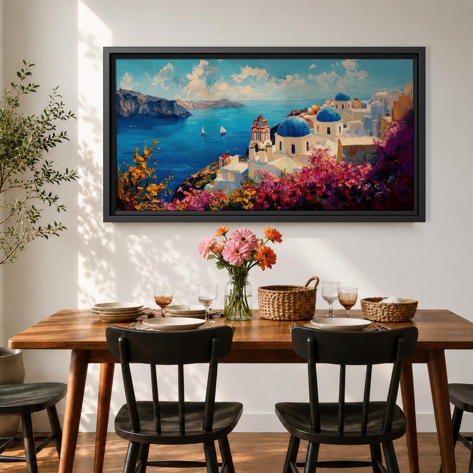 Panoramic impressionist painting of Santorini showing whitewashed cliffside buildings and blue domed churches overlooking the deep blue Aegean Sea. The scene includes sailboats on the water, rugged coastal cliffs in the distance, and vibrant bougainvillea flowers in the foreground painted with textured brushstrokes.