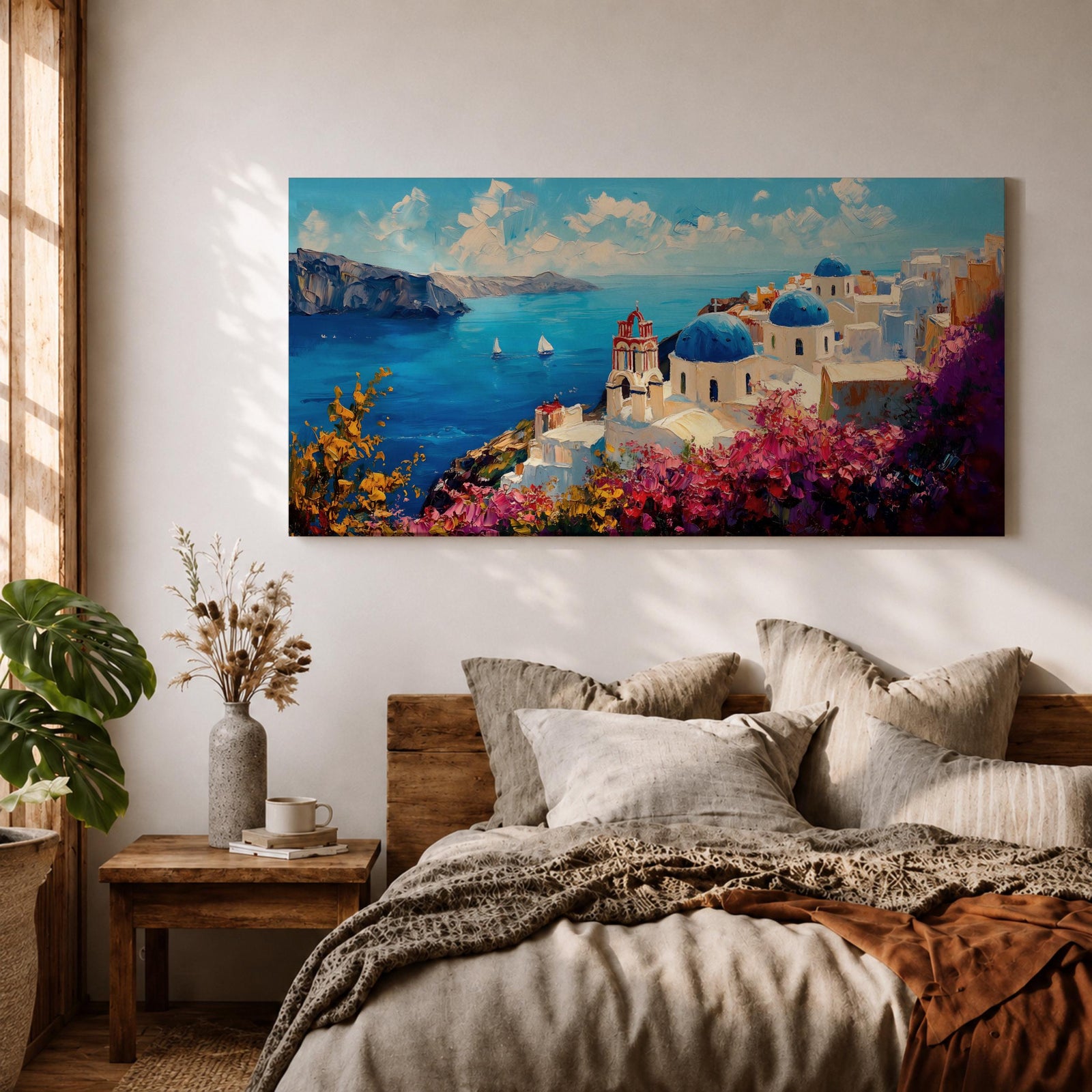 Panoramic impressionist painting of Santorini showing whitewashed cliffside buildings and blue domed churches overlooking the deep blue Aegean Sea. The scene includes sailboats on the water, rugged coastal cliffs in the distance, and vibrant bougainvillea flowers in the foreground painted with textured brushstrokes.