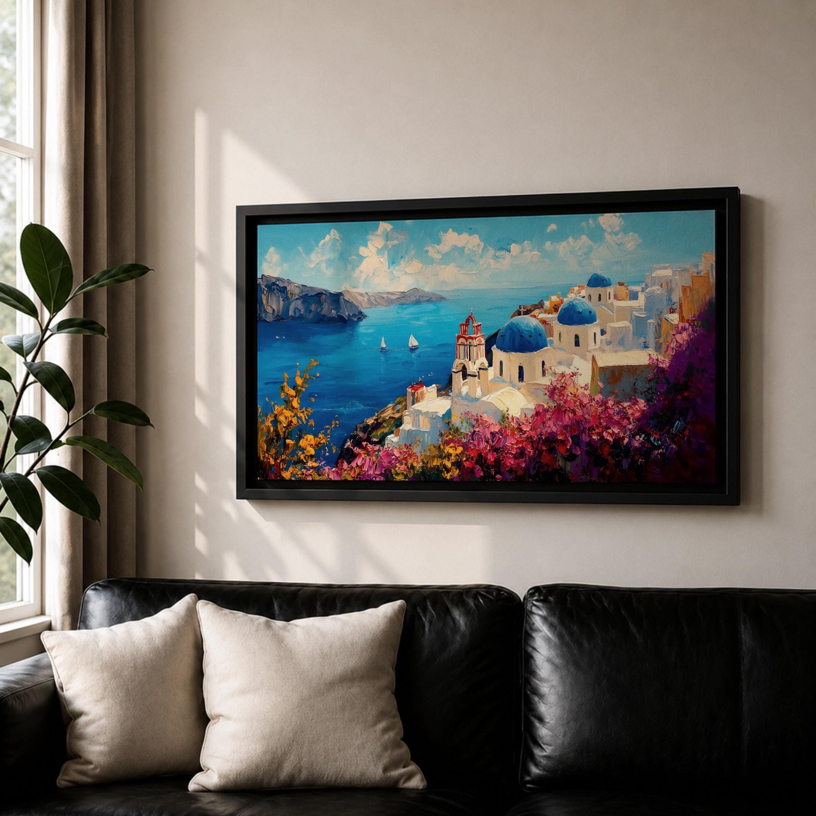 Panoramic impressionist painting of Santorini showing whitewashed cliffside buildings and blue domed churches overlooking the deep blue Aegean Sea. The scene includes sailboats on the water, rugged coastal cliffs in the distance, and vibrant bougainvillea flowers in the foreground painted with textured brushstrokes.