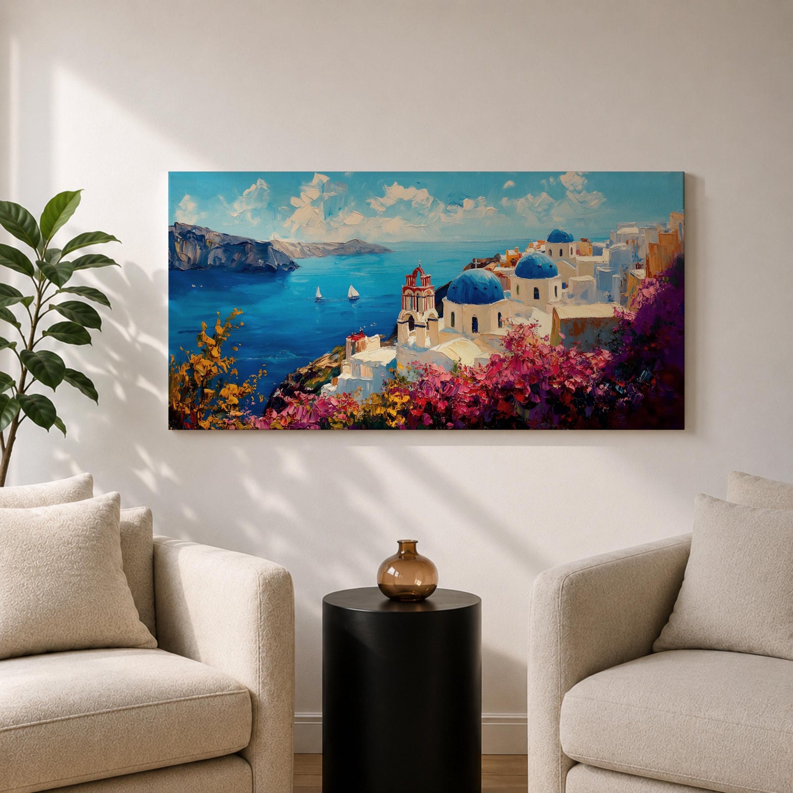 Panoramic impressionist painting of Santorini showing whitewashed cliffside buildings and blue domed churches overlooking the deep blue Aegean Sea. The scene includes sailboats on the water, rugged coastal cliffs in the distance, and vibrant bougainvillea flowers in the foreground painted with textured brushstrokes.