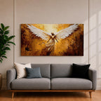 Panoramic painting of a luminous winged figure rising in radiant golden light with large white feathered wings spread wide. The composition uses thick textured brushstrokes in gold, amber, and bronze tones with flowing robes and glowing highlights that emphasize the dramatic celestial presence.