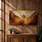 Panoramic painting of a luminous winged figure rising in radiant golden light with large white feathered wings spread wide. The composition uses thick textured brushstrokes in gold, amber, and bronze tones with flowing robes and glowing highlights that emphasize the dramatic celestial presence.