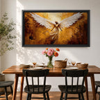 Panoramic painting of a luminous winged figure rising in radiant golden light with large white feathered wings spread wide. The composition uses thick textured brushstrokes in gold, amber, and bronze tones with flowing robes and glowing highlights that emphasize the dramatic celestial presence.