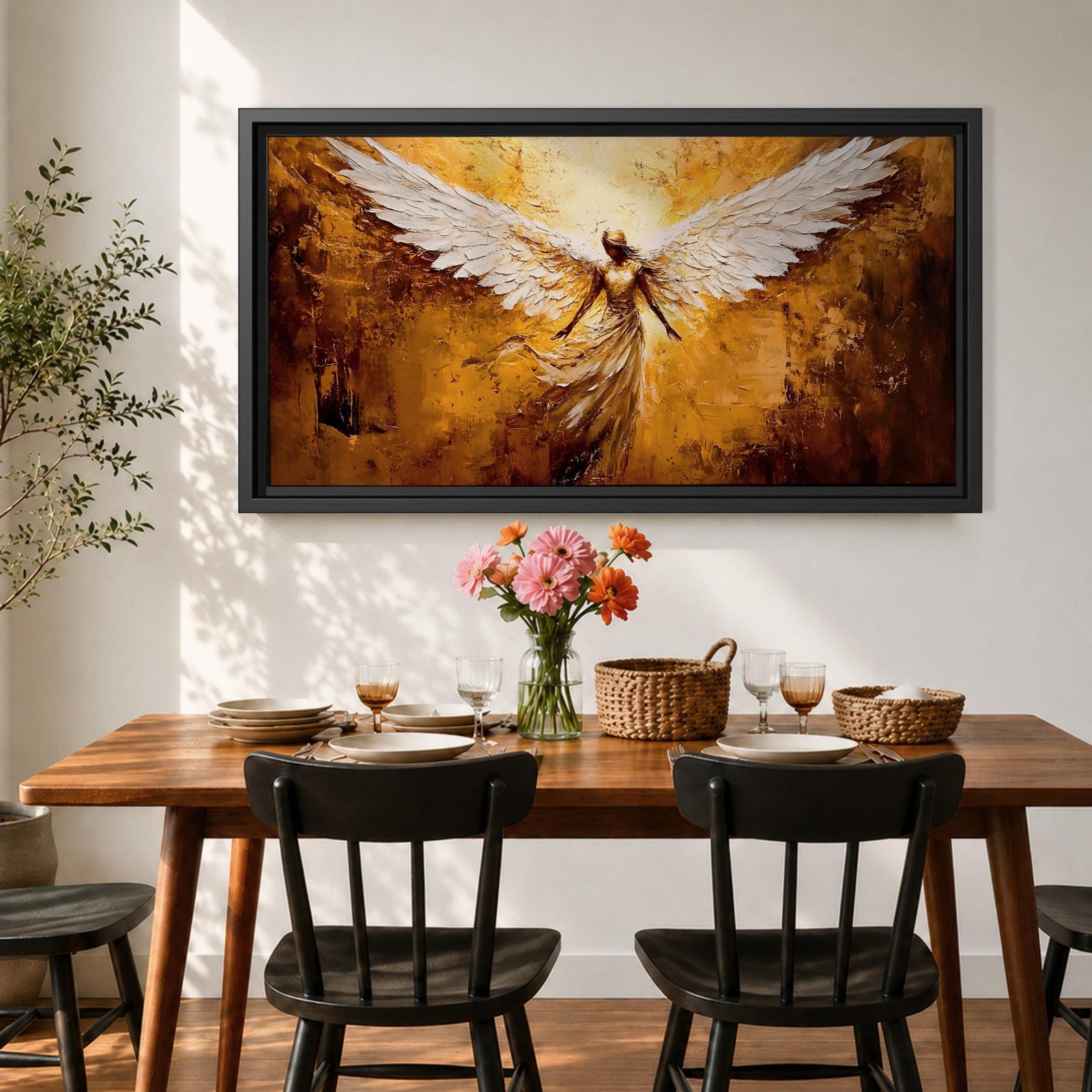 Panoramic painting of a luminous winged figure rising in radiant golden light with large white feathered wings spread wide. The composition uses thick textured brushstrokes in gold, amber, and bronze tones with flowing robes and glowing highlights that emphasize the dramatic celestial presence.