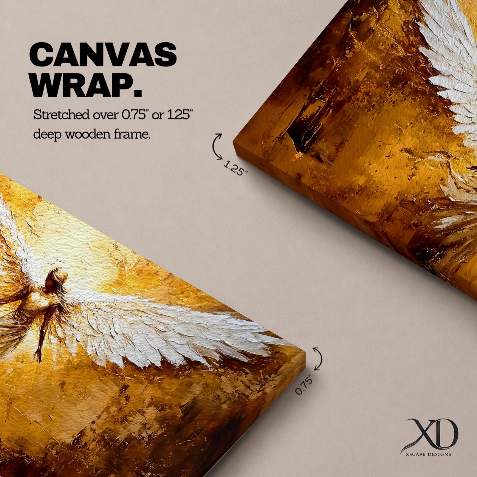 Panoramic painting of a luminous winged figure rising in radiant golden light with large white feathered wings spread wide. The composition uses thick textured brushstrokes in gold, amber, and bronze tones with flowing robes and glowing highlights that emphasize the dramatic celestial presence.