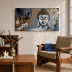 Panoramic painting of a serene Buddha portrait with closed eyes rendered in textured gray and gold tones. The composition features golden leaves and white blossoms surrounding the calm face, with layered brushstrokes and metallic accents creating contrast against a dark abstract background.