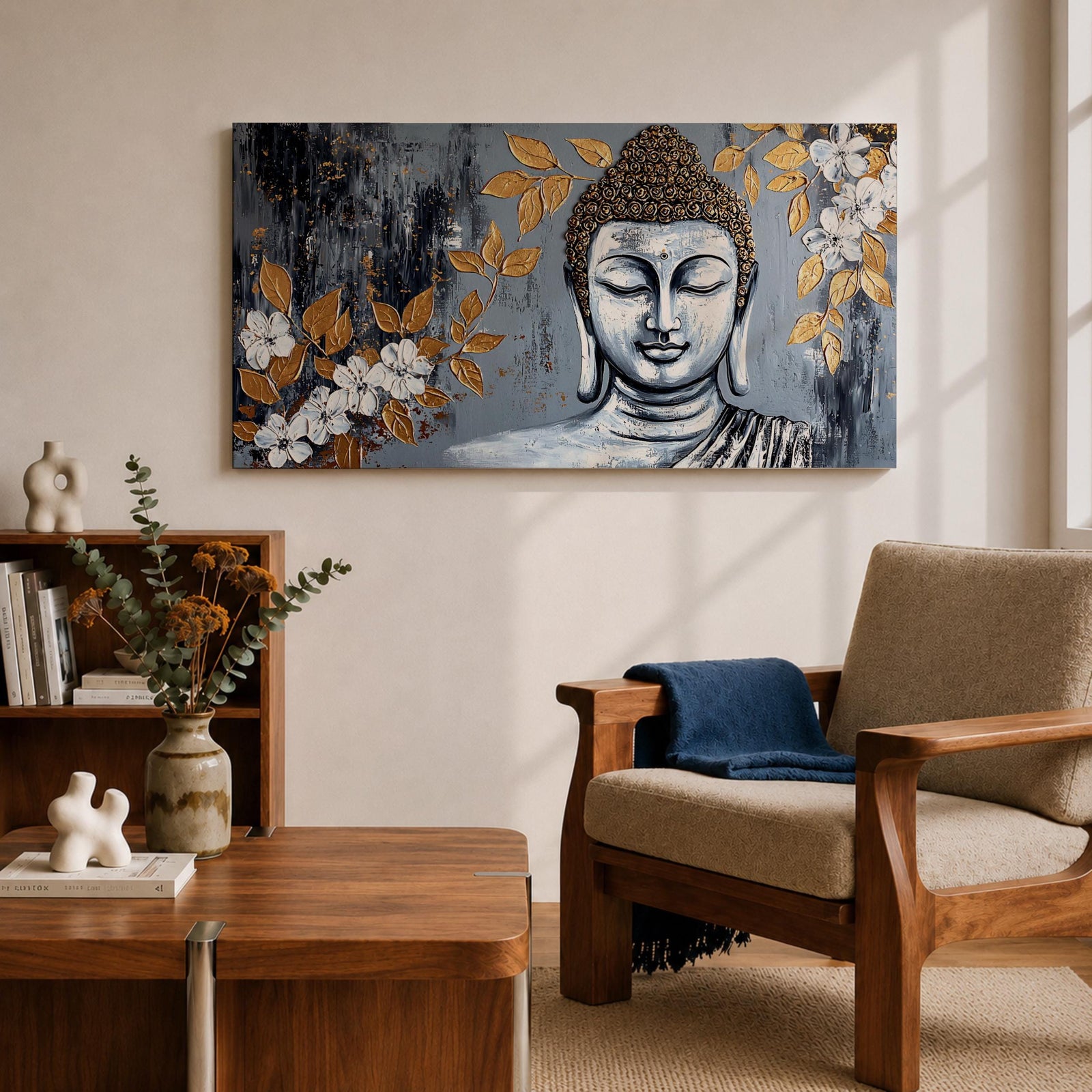 Panoramic painting of a serene Buddha portrait with closed eyes rendered in textured gray and gold tones. The composition features golden leaves and white blossoms surrounding the calm face, with layered brushstrokes and metallic accents creating contrast against a dark abstract background.