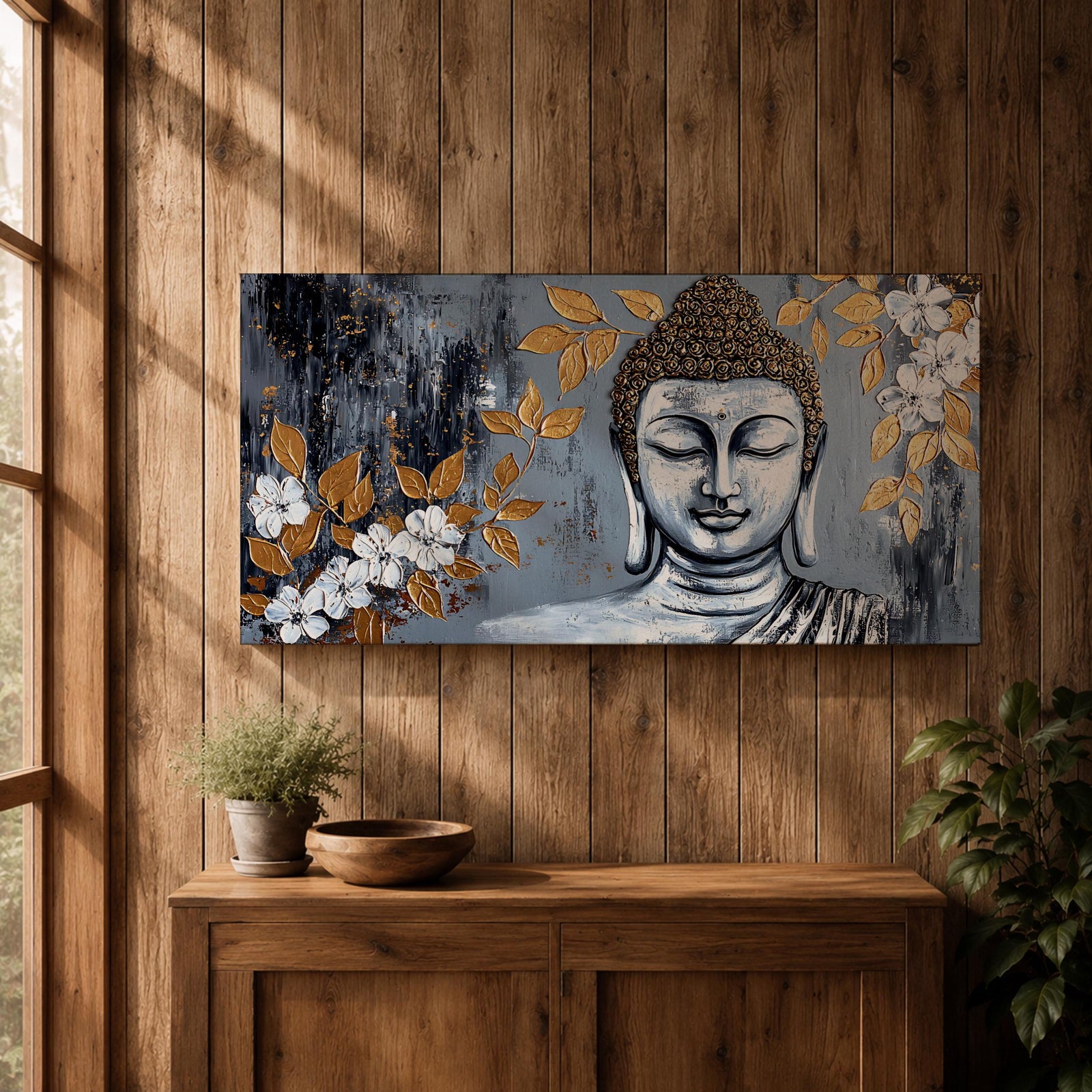 Panoramic painting of a serene Buddha portrait with closed eyes rendered in textured gray and gold tones. The composition features golden leaves and white blossoms surrounding the calm face, with layered brushstrokes and metallic accents creating contrast against a dark abstract background.