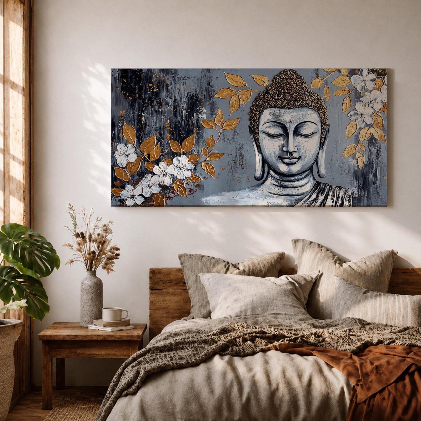 Panoramic painting of a serene Buddha portrait with closed eyes rendered in textured gray and gold tones. The composition features golden leaves and white blossoms surrounding the calm face, with layered brushstrokes and metallic accents creating contrast against a dark abstract background.