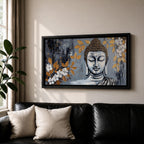 Panoramic painting of a serene Buddha portrait with closed eyes rendered in textured gray and gold tones. The composition features golden leaves and white blossoms surrounding the calm face, with layered brushstrokes and metallic accents creating contrast against a dark abstract background.