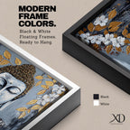 Panoramic painting of a serene Buddha portrait with closed eyes rendered in textured gray and gold tones. The composition features golden leaves and white blossoms surrounding the calm face, with layered brushstrokes and metallic accents creating contrast against a dark abstract background.