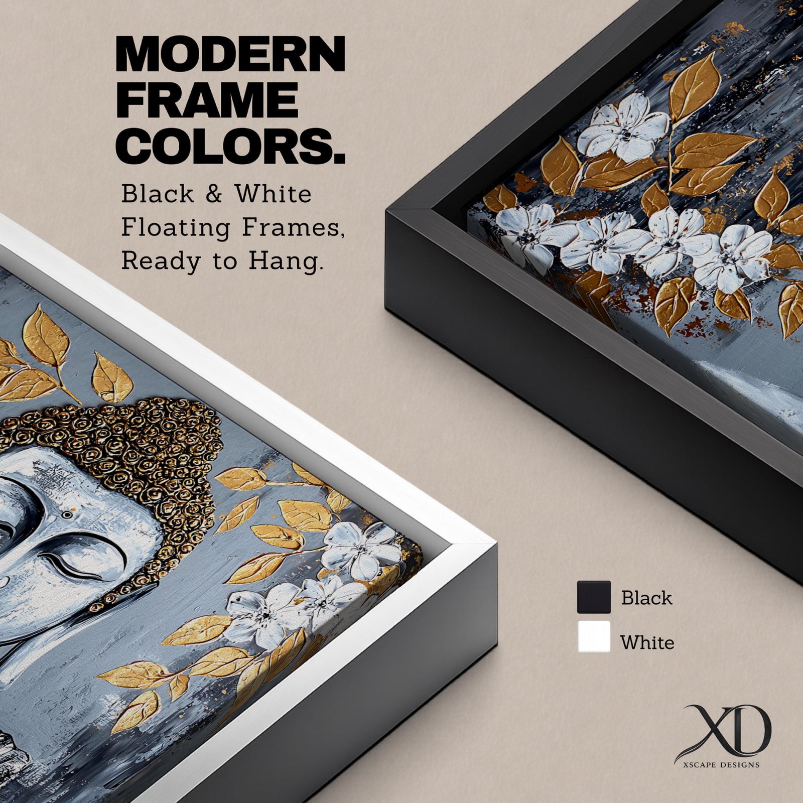 Panoramic painting of a serene Buddha portrait with closed eyes rendered in textured gray and gold tones. The composition features golden leaves and white blossoms surrounding the calm face, with layered brushstrokes and metallic accents creating contrast against a dark abstract background.