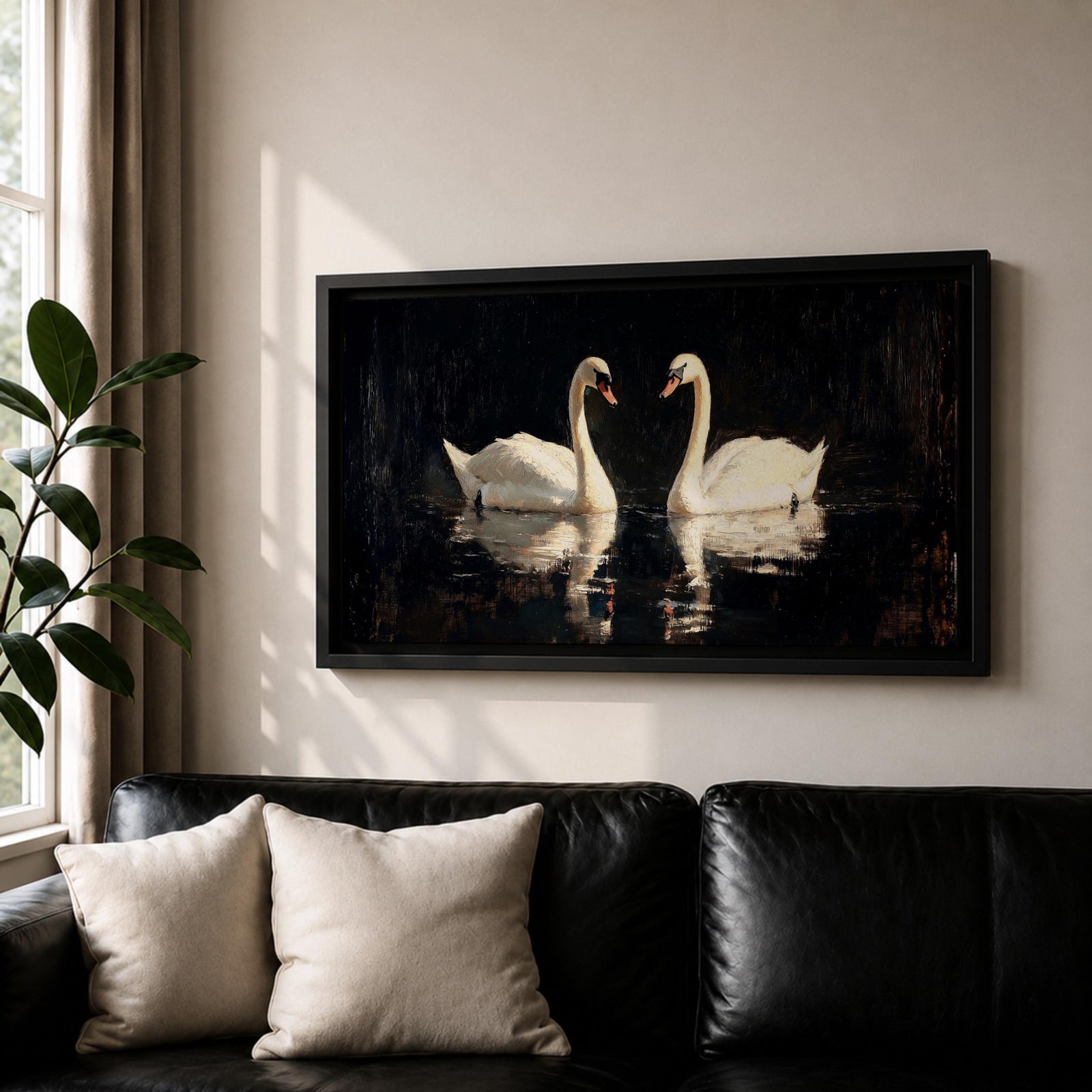 Panoramic painting of two white swans facing each other on dark reflective water with graceful curved necks forming a symmetrical composition. The birds glow against a deep black background with shimmering reflections and textured brushstrokes highlighting feathers and light across the calm water surface.