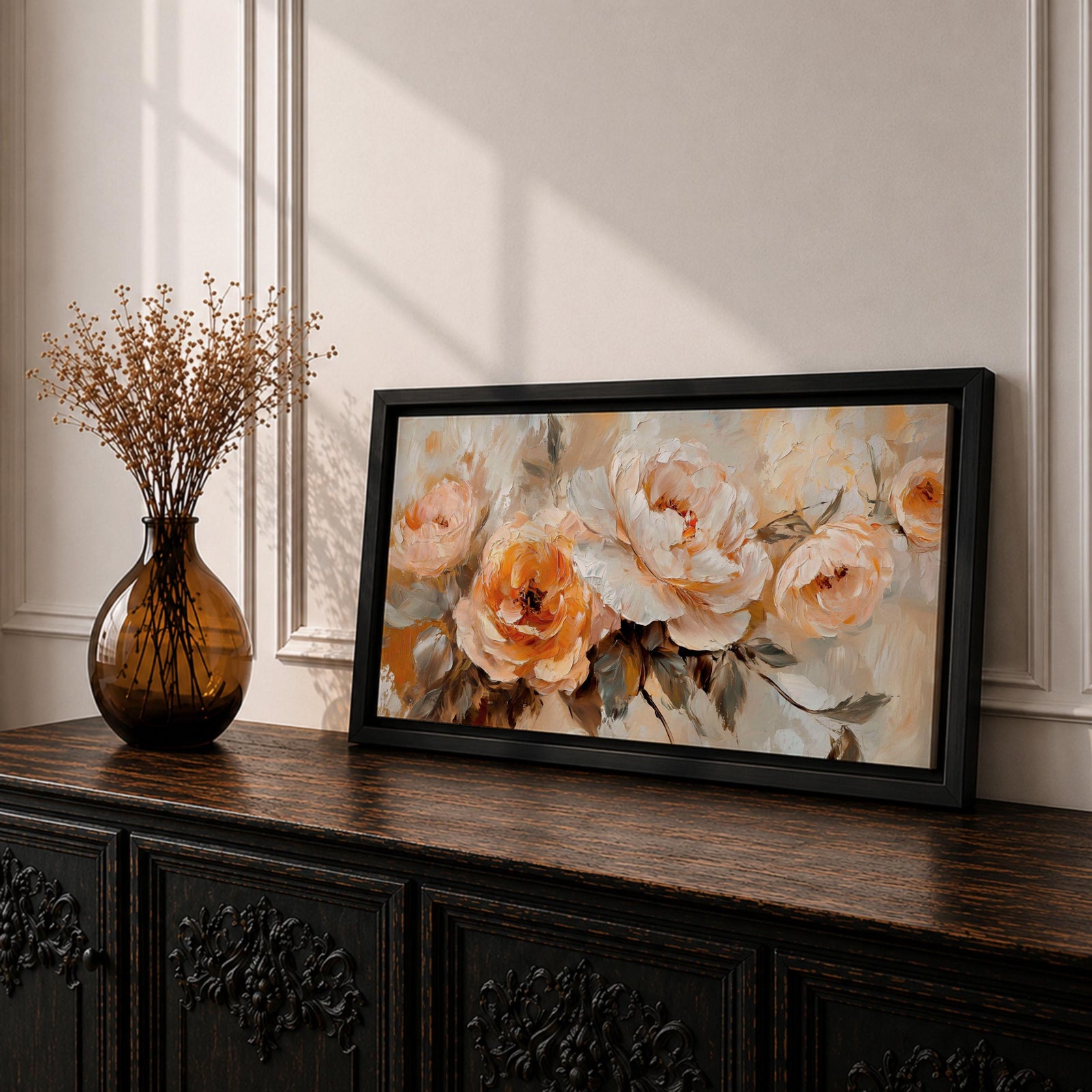 Panoramic floral painting featuring large peach and cream garden style blossoms with layered petals arranged in a soft bouquet composition. Thick textured brushstrokes in warm peach, ivory, and beige tones blend with muted green leaves and a light neutral background creating a wide botanical composition.