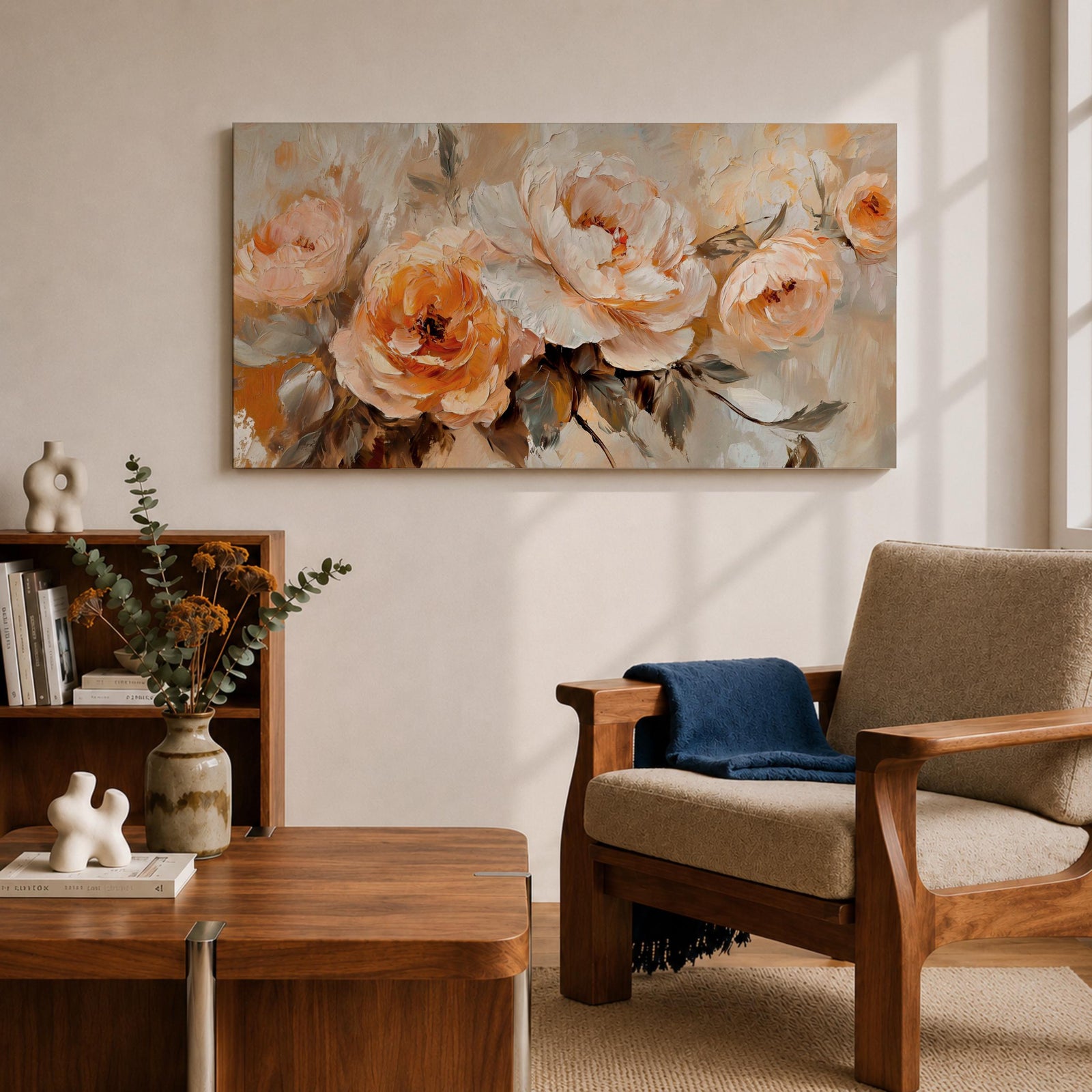 Panoramic floral painting featuring large peach and cream garden style blossoms with layered petals arranged in a soft bouquet composition. Thick textured brushstrokes in warm peach, ivory, and beige tones blend with muted green leaves and a light neutral background creating a wide botanical composition.