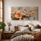 Panoramic floral painting featuring large peach and cream garden style blossoms with layered petals arranged in a soft bouquet composition. Thick textured brushstrokes in warm peach, ivory, and beige tones blend with muted green leaves and a light neutral background creating a wide botanical composition.
