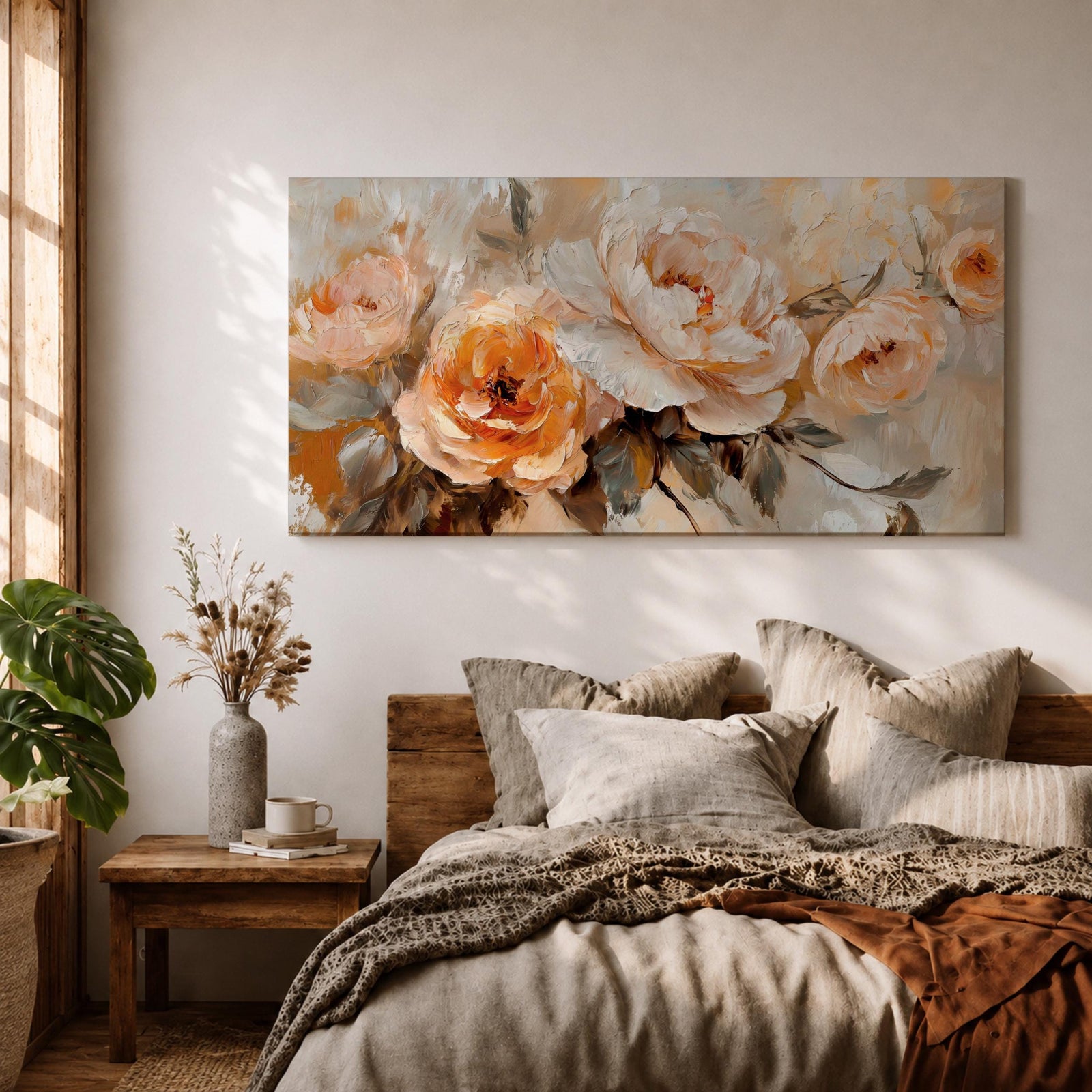 Panoramic floral painting featuring large peach and cream garden style blossoms with layered petals arranged in a soft bouquet composition. Thick textured brushstrokes in warm peach, ivory, and beige tones blend with muted green leaves and a light neutral background creating a wide botanical composition.