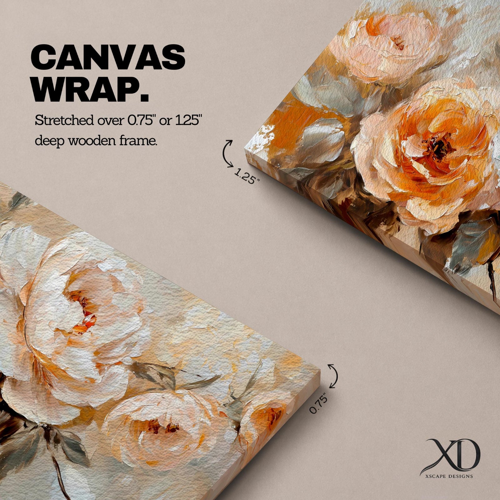 Panoramic floral painting featuring large peach and cream garden style blossoms with layered petals arranged in a soft bouquet composition. Thick textured brushstrokes in warm peach, ivory, and beige tones blend with muted green leaves and a light neutral background creating a wide botanical composition.