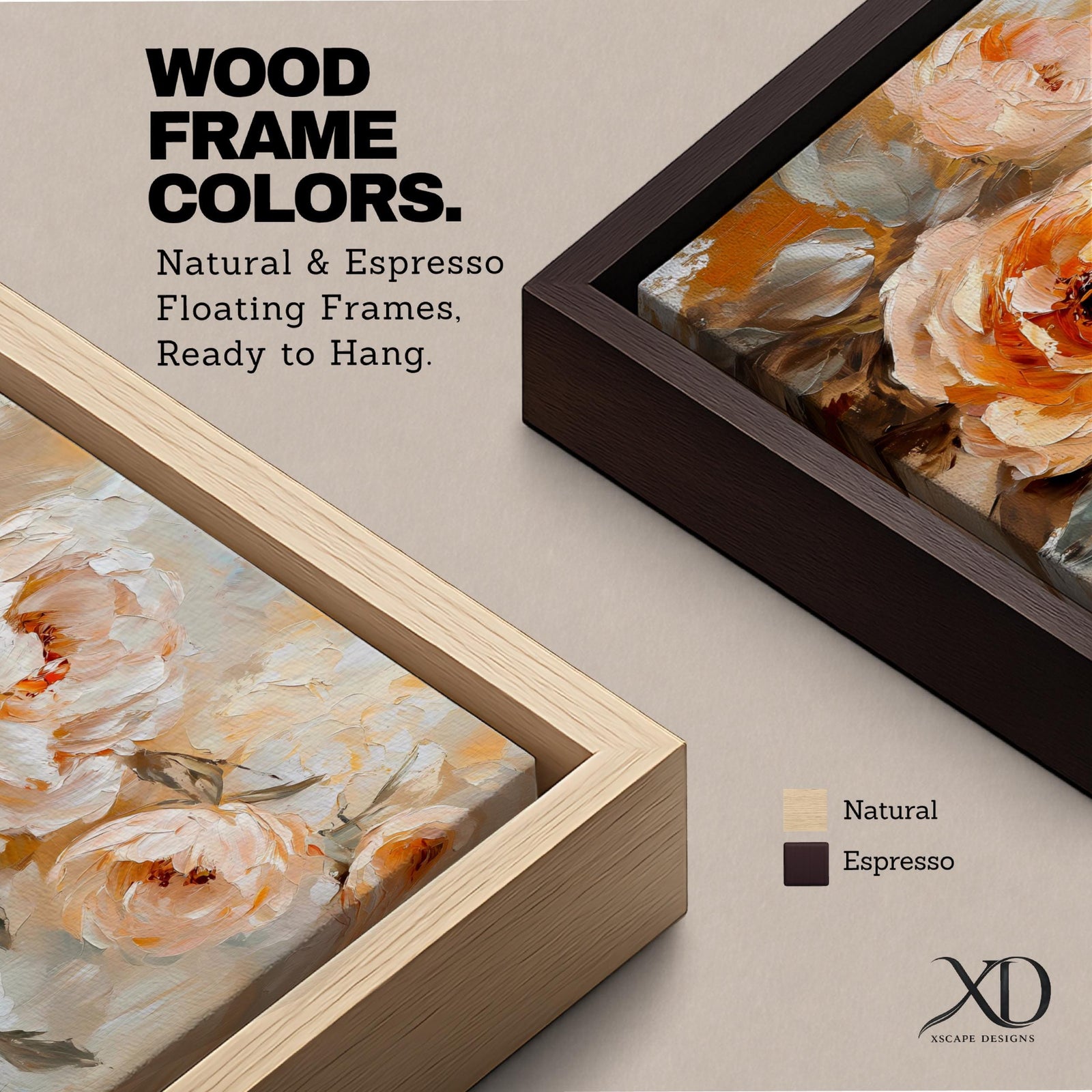 Panoramic floral painting featuring large peach and cream garden style blossoms with layered petals arranged in a soft bouquet composition. Thick textured brushstrokes in warm peach, ivory, and beige tones blend with muted green leaves and a light neutral background creating a wide botanical composition.