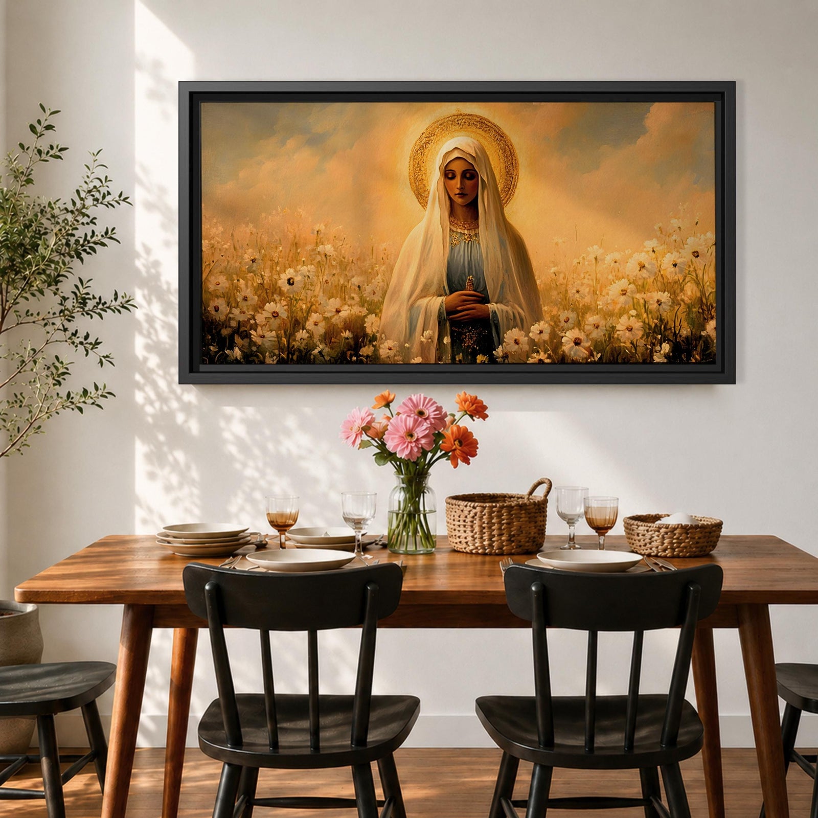 Panoramic painting of the Virgin Mary standing in a field of white flowers with a golden halo surrounding her head. She wears a flowing veil and robe while holding her hands gently together. Warm golden sky tones and soft floral details create a serene devotional composition.