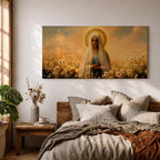 Panoramic painting of the Virgin Mary standing in a field of white flowers with a golden halo surrounding her head. She wears a flowing veil and robe while holding her hands gently together. Warm golden sky tones and soft floral details create a serene devotional composition.