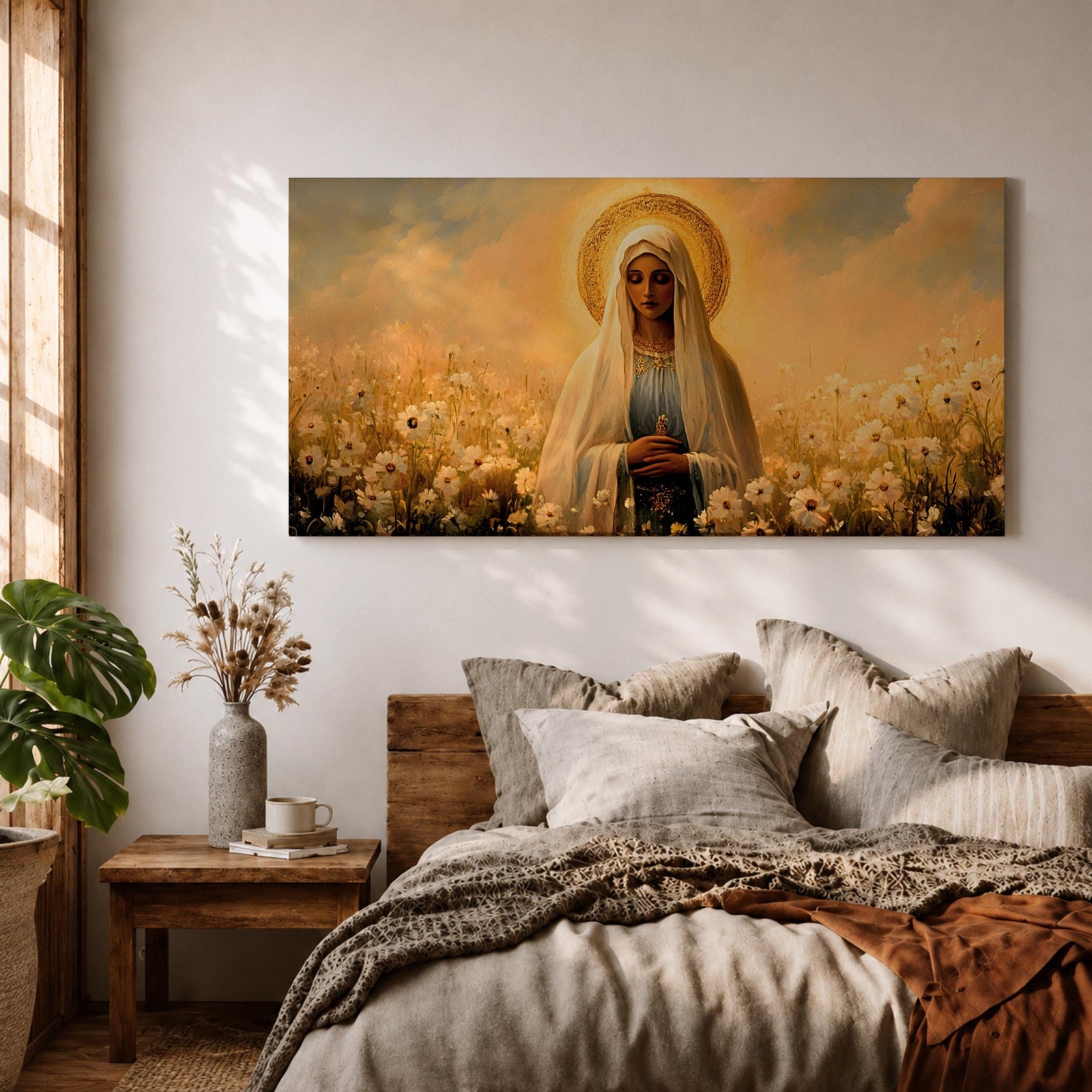 Panoramic painting of the Virgin Mary standing in a field of white flowers with a golden halo surrounding her head. She wears a flowing veil and robe while holding her hands gently together. Warm golden sky tones and soft floral details create a serene devotional composition.