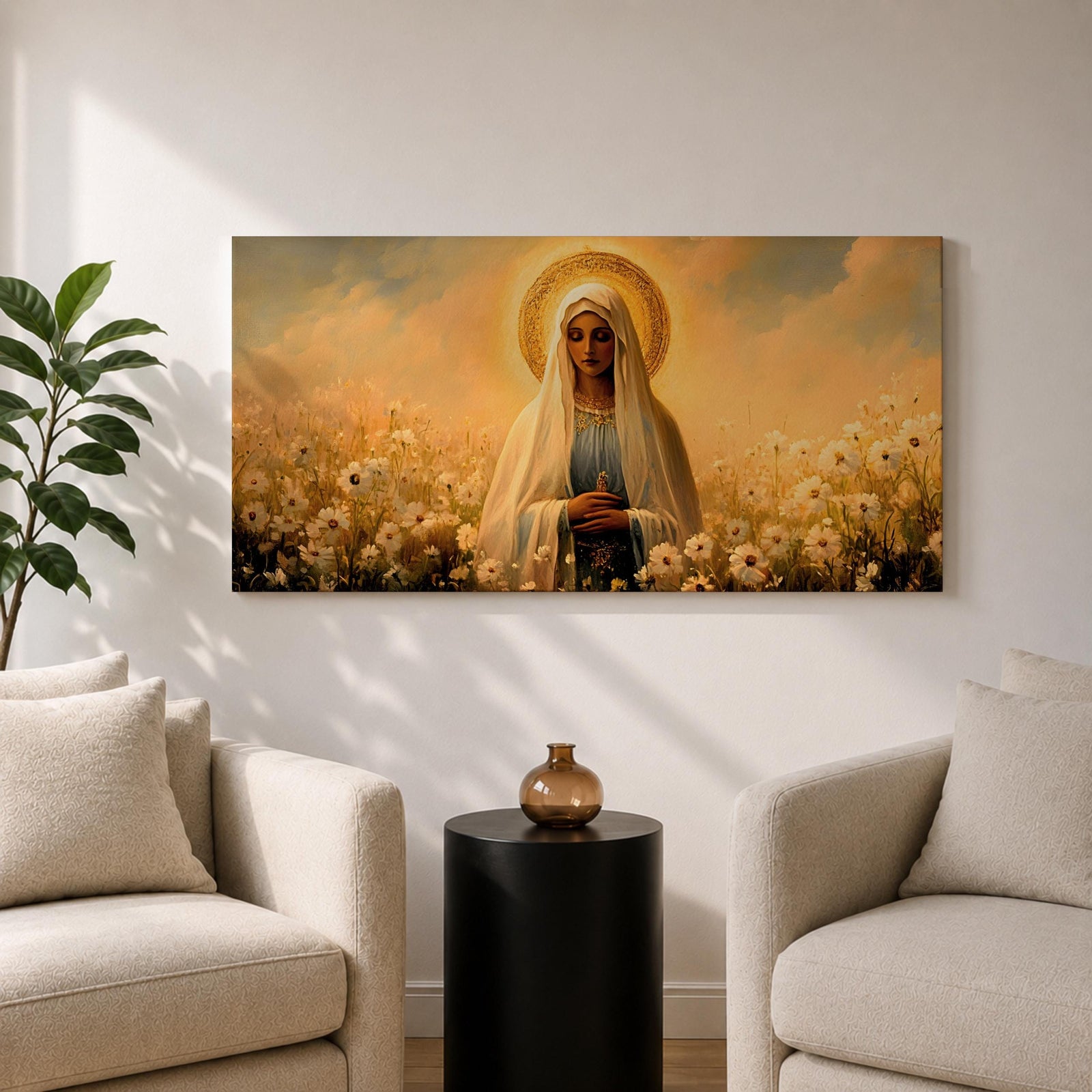 Panoramic painting of the Virgin Mary standing in a field of white flowers with a golden halo surrounding her head. She wears a flowing veil and robe while holding her hands gently together. Warm golden sky tones and soft floral details create a serene devotional composition.