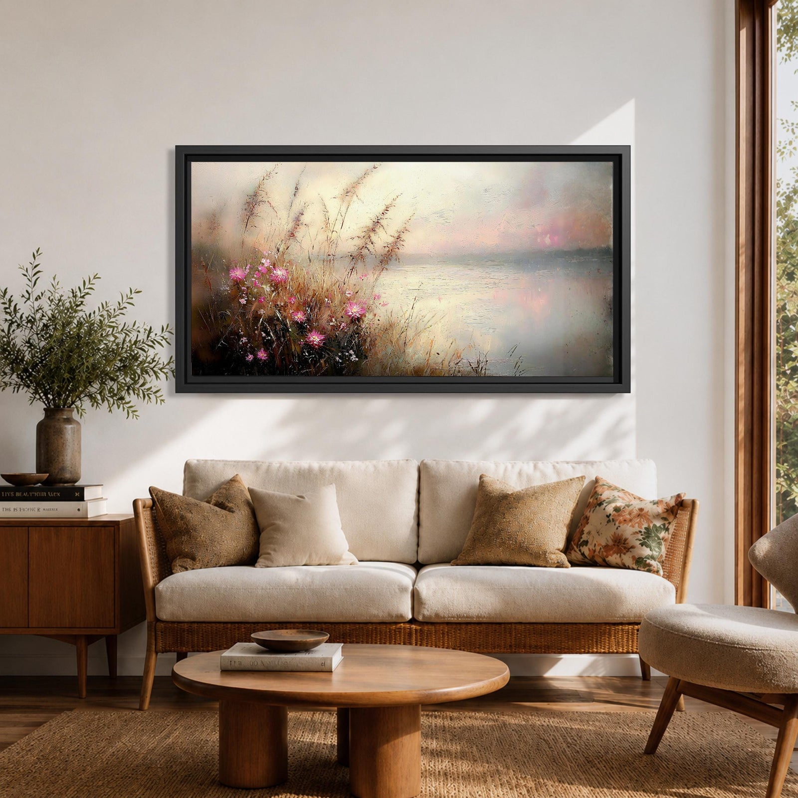 Panoramic landscape painting of soft pink wildflowers and tall grasses growing along a calm lakeshore. The scene features delicate meadow blooms in the foreground with textured brushstrokes and warm earthy tones, fading into a misty reflective lake and distant horizon under a gentle sky.
