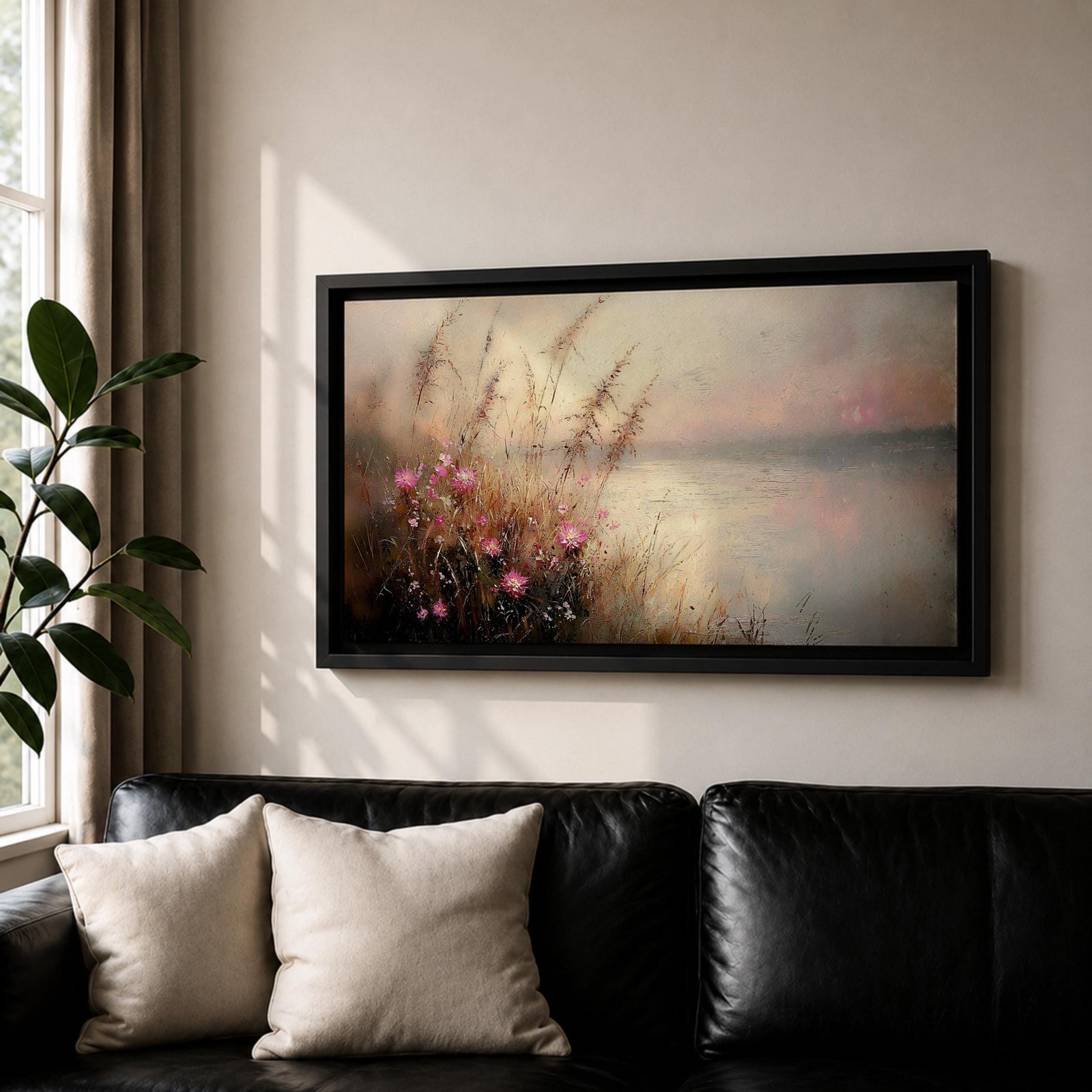 Panoramic landscape painting of soft pink wildflowers and tall grasses growing along a calm lakeshore. The scene features delicate meadow blooms in the foreground with textured brushstrokes and warm earthy tones, fading into a misty reflective lake and distant horizon under a gentle sky.