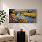 Panoramic landscape painting of a winding river flowing through a countryside meadow filled with colorful wildflowers. A small stone bridge arches over the water while fields, cottages, and rolling hills stretch into the distance under a bright sky, rendered with vibrant textured brushstrokes.