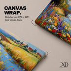 Panoramic landscape painting of a winding river flowing through a countryside meadow filled with colorful wildflowers. A small stone bridge arches over the water while fields, cottages, and rolling hills stretch into the distance under a bright sky, rendered with vibrant textured brushstrokes.