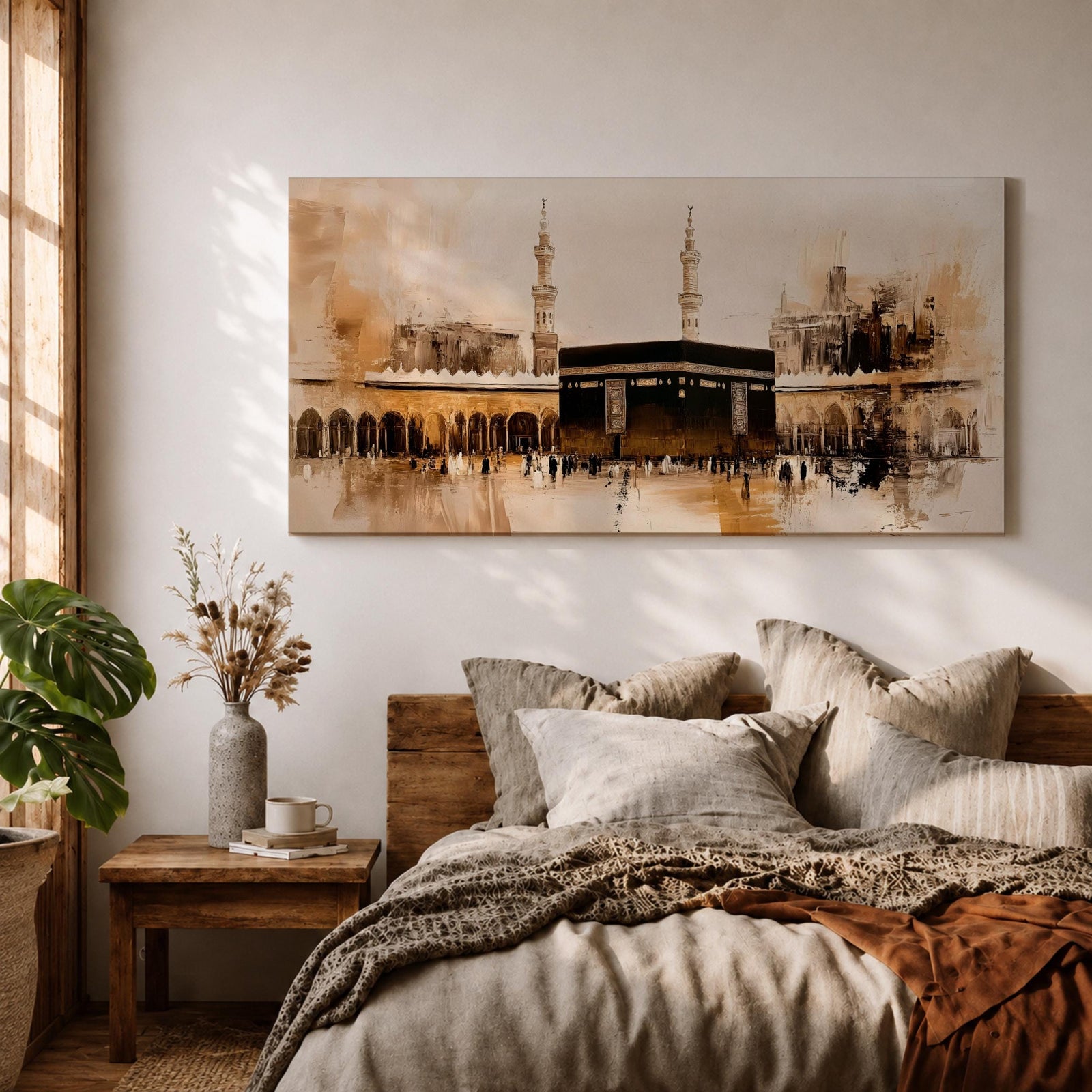 Panoramic painting of the Kaaba at Masjid al Haram in Mecca surrounded by mosque arches and tall minarets. The composition features the black cube structure at the center with pilgrims gathered in the courtyard, rendered in expressive brushstrokes with beige, brown, and gold tones.