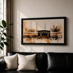 Panoramic painting of the Kaaba at Masjid al Haram in Mecca surrounded by mosque arches and tall minarets. The composition features the black cube structure at the center with pilgrims gathered in the courtyard, rendered in expressive brushstrokes with beige, brown, and gold tones.