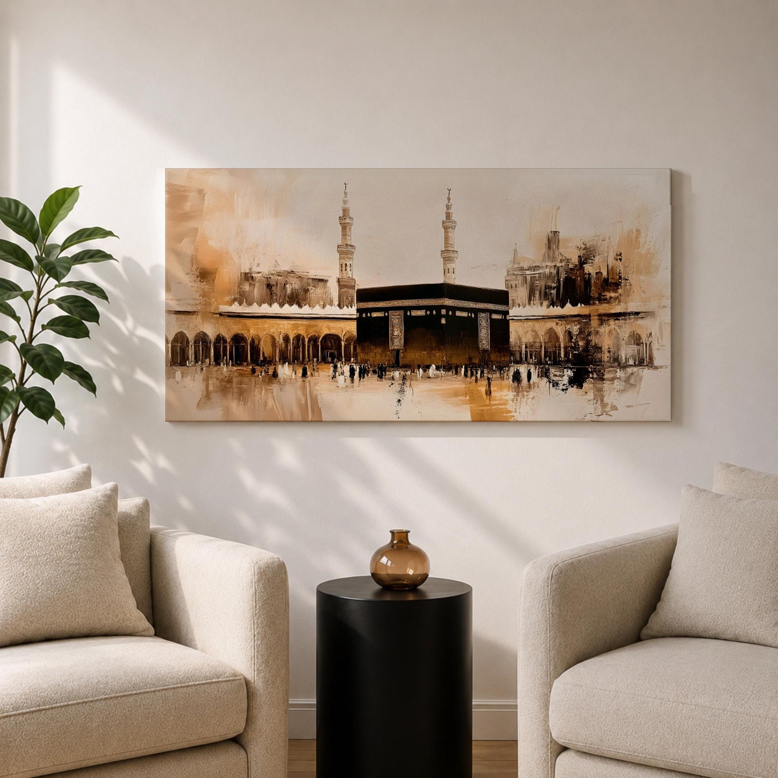 Panoramic painting of the Kaaba at Masjid al Haram in Mecca surrounded by mosque arches and tall minarets. The composition features the black cube structure at the center with pilgrims gathered in the courtyard, rendered in expressive brushstrokes with beige, brown, and gold tones.