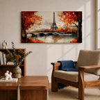 Panoramic painting of the Eiffel Tower rising above the Seine River with an arched stone bridge and classic Parisian buildings along the waterfront. Vibrant red and orange autumn trees frame the scene while textured brushstrokes reflect warm foliage and architecture across the calm river surface.