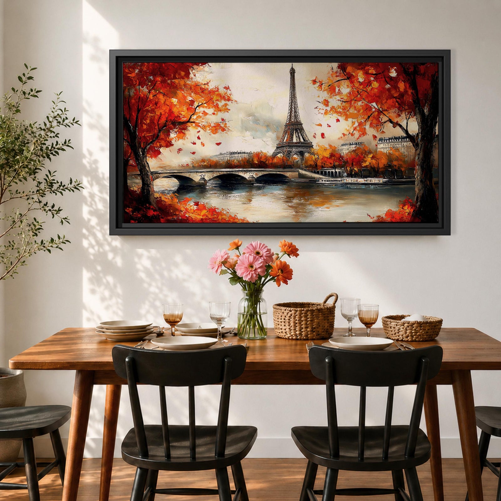 Panoramic painting of the Eiffel Tower rising above the Seine River with an arched stone bridge and classic Parisian buildings along the waterfront. Vibrant red and orange autumn trees frame the scene while textured brushstrokes reflect warm foliage and architecture across the calm river surface.