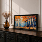Panoramic painting of tall white birch trees with textured bark standing among vivid orange autumn foliage. Thick palette knife brushstrokes create layered leaves and forest floor tones, with warm golden light filtering through the canopy against cool blue woodland shadows.
