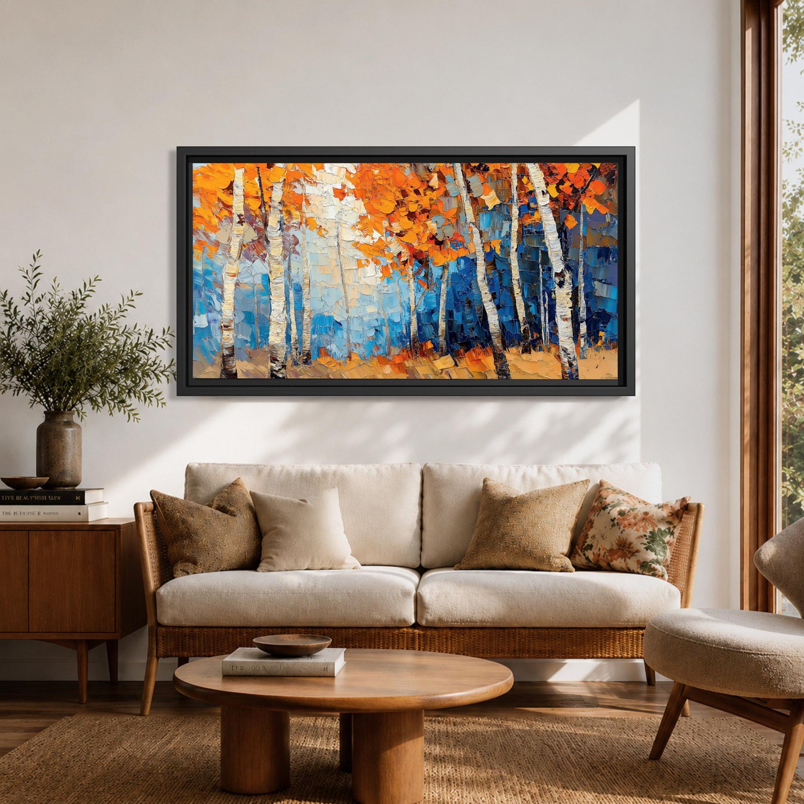 Panoramic painting of tall white birch trees with textured bark standing among vivid orange autumn foliage. Thick palette knife brushstrokes create layered leaves and forest floor tones, with warm golden light filtering through the canopy against cool blue woodland shadows.