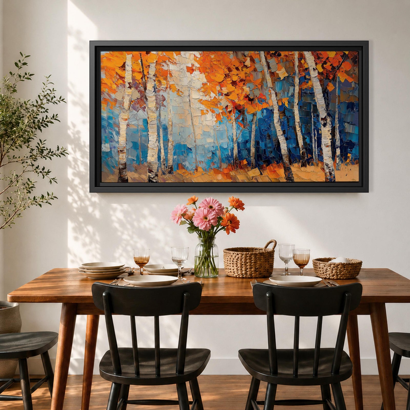 Panoramic painting of tall white birch trees with textured bark standing among vivid orange autumn foliage. Thick palette knife brushstrokes create layered leaves and forest floor tones, with warm golden light filtering through the canopy against cool blue woodland shadows.