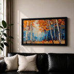 Panoramic painting of tall white birch trees with textured bark standing among vivid orange autumn foliage. Thick palette knife brushstrokes create layered leaves and forest floor tones, with warm golden light filtering through the canopy against cool blue woodland shadows.