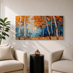 Panoramic painting of tall white birch trees with textured bark standing among vivid orange autumn foliage. Thick palette knife brushstrokes create layered leaves and forest floor tones, with warm golden light filtering through the canopy against cool blue woodland shadows.