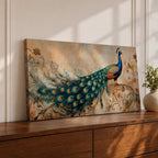 Panoramic painting of a peacock perched with an elongated flowing tail filled with vibrant blue, teal, and gold eye patterned feathers. The composition includes ornate botanical scrolls and floral motifs surrounding the bird, rendered with textured brushwork against a warm neutral background.