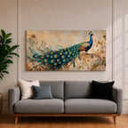 Panoramic painting of a peacock perched with an elongated flowing tail filled with vibrant blue, teal, and gold eye patterned feathers. The composition includes ornate botanical scrolls and floral motifs surrounding the bird, rendered with textured brushwork against a warm neutral background.