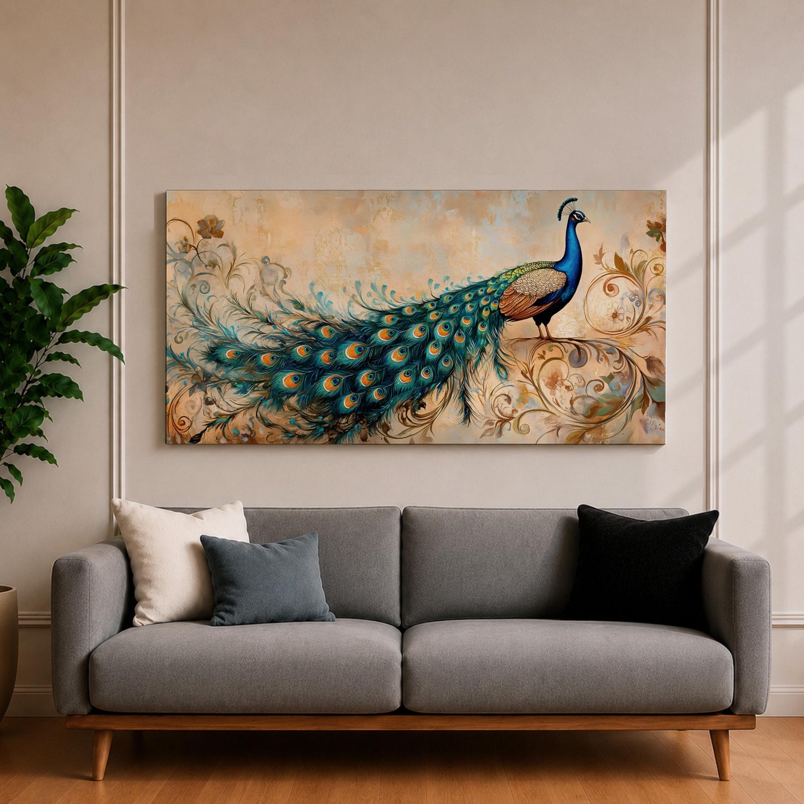 Panoramic painting of a peacock perched with an elongated flowing tail filled with vibrant blue, teal, and gold eye patterned feathers. The composition includes ornate botanical scrolls and floral motifs surrounding the bird, rendered with textured brushwork against a warm neutral background.