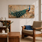 Panoramic painting of a peacock perched with an elongated flowing tail filled with vibrant blue, teal, and gold eye patterned feathers. The composition includes ornate botanical scrolls and floral motifs surrounding the bird, rendered with textured brushwork against a warm neutral background.
