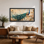Panoramic painting of a peacock perched with an elongated flowing tail filled with vibrant blue, teal, and gold eye patterned feathers. The composition includes ornate botanical scrolls and floral motifs surrounding the bird, rendered with textured brushwork against a warm neutral background.