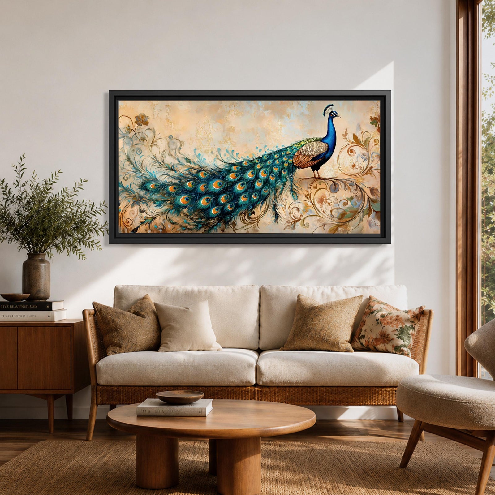 Panoramic painting of a peacock perched with an elongated flowing tail filled with vibrant blue, teal, and gold eye patterned feathers. The composition includes ornate botanical scrolls and floral motifs surrounding the bird, rendered with textured brushwork against a warm neutral background.